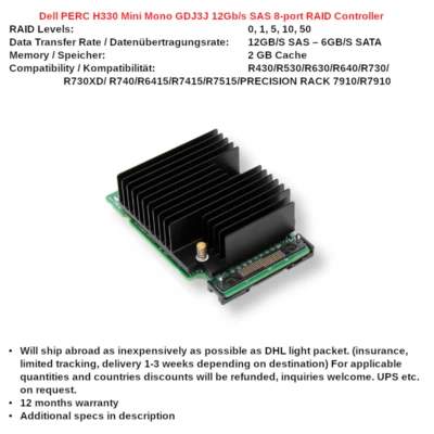 Dell PERC H330 Mini Mono 0GDJ3J  12Gb/s SAS 8-port RAID Controller PE R430 R530 - Bild 1 von 3