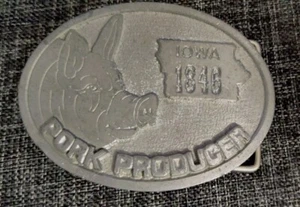 Iowa 1846 Pork Producer Pig Pewter Belt Buckle Nutrena Feeds Promo Farming USA - Picture 1 of 2