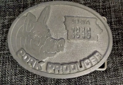 Iowa 1846 Productor de Carne de Cerdo Cerdo Peltre Cinturón Hebilla Nutrena Alimentos Promo Agricultura EE. UU. Foto 1 de 2