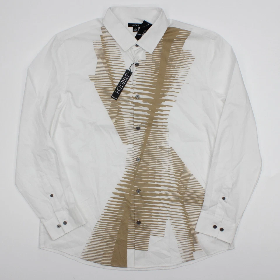 Alfani Mens Shirt Classic White Size XL Button Down Geo Line Print 210
