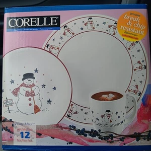 Rare NIB Corelle Frosty Morn Dishes Set 12 Pc Dinner Plate Soup Bowl Mug Snowman - Picture 1 of 6