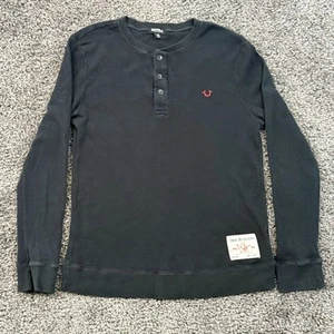 True Religion Shirt Henley Mens M Black Thermal Button Long Sleeve Horseshoe - Picture 1 of 7