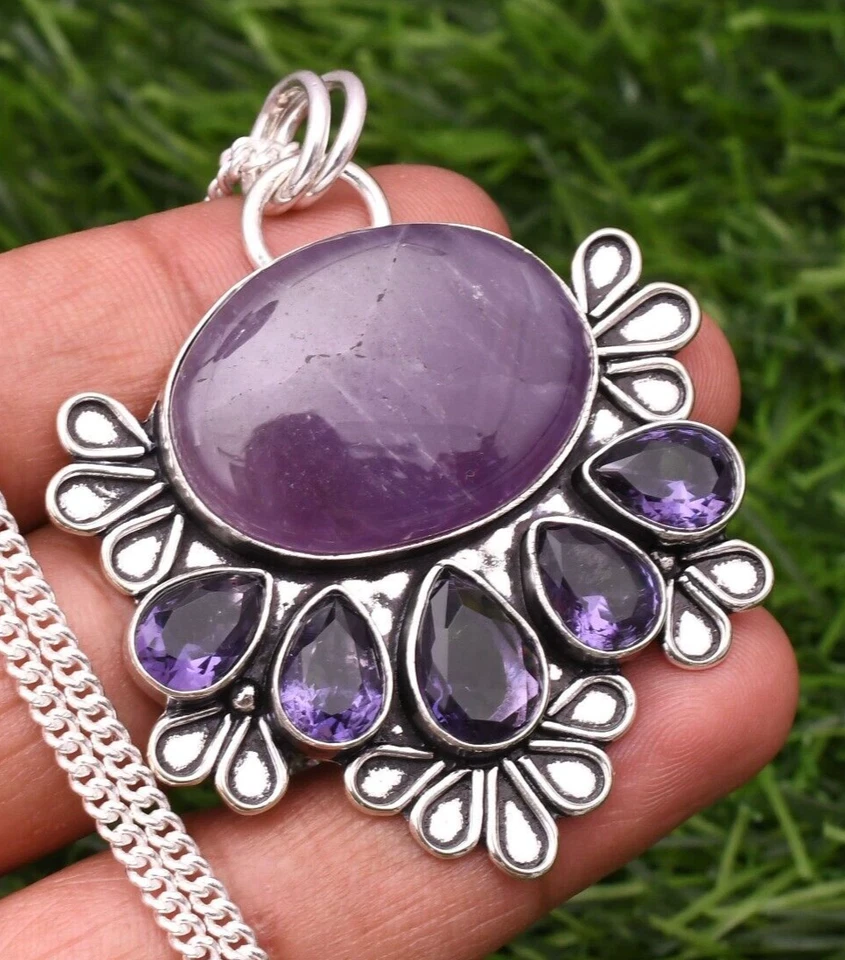 Ciondolo ametista in argento sterling 925 con pietre preziose fatte a mano 2,15" - Immagine 1 di 4