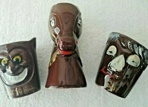Shot Glasses *Shot to Hell *Long Shot & POOR SHOT Brown Pottery Vintage - Picture 1 of 5