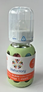 NEU Life Factory wiederverwendbare Glas Babyflasche 4 Unzen mit Stufe 1 Brustwarze grüne Hülle - Bild 1 von 4