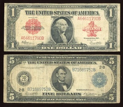 Random set of $5 1914 Blue Seal and $1 1923 Red Seal Horseblanket Note - Image 1 of 2