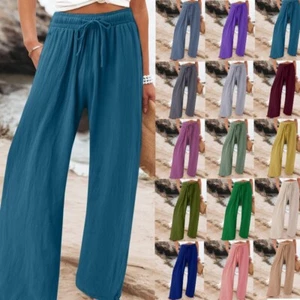 Plus Size Summer Womens Polyester Ladies Baggy Plain Pants Wide Leg Trousers - Picture 1 of 26