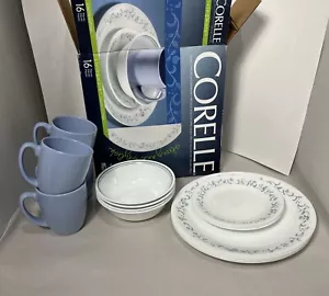 Juego de vajilla de 16 piezas Corelle Country Cottage servir 4 corazones y flores azules - Imagen 1 de 6