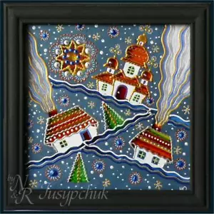 Pintura popular tradicional ucraniana sobre vidrio hecha a mano decoración de pared enmarcada 14x14cm - Imagen 1 de 5