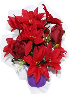 Christmas Red Poinsettias & Roses vase display for Home. Garden or Grave - Picture 1 of 3