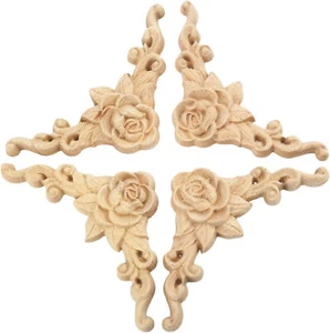 4pc Unpainted Wood Carved Corner Onlay Applique Furniture Frame Decal Home Decor - Picture 1 of 11