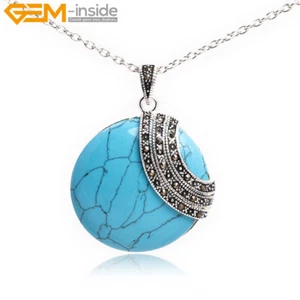 Turquoise Pendant Women Tibetan Silver Coin Gemstone Bead Necklace Jewelry Charm - Picture 1 of 32