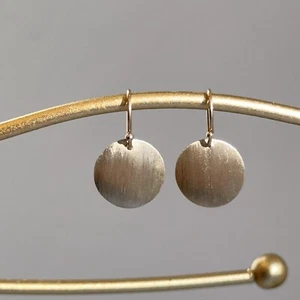 14KT Yellow Gold Matte Brushed Teardrop Round Shape Disc Wire Hook Earrings NEW - Picture 1 of 8