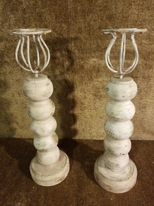 Pair of Rustic Hand Turned Solid Wood Farmhouse Carved Candle Sticks 16" Tall  - Picture 1 of 6