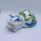 Andrea by Sadek Sleeping Cat Figurine Porcelain Floral Blue Green White Bank