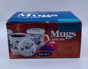 Vintage um 1998 neu im Karton Neu aus altem Lagerbestand Teetassen Tassen mit Deckel Blumen Porzellan 4er Set - Bild 1 von 7
