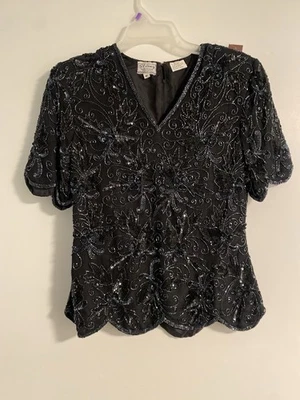 Camisa de Vestir Stenay Vintage 100% Seda Cuentas Lentejuelas Talla Mediana Negra Formal Foto 1 de 4