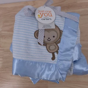 Carters Monkey Baby Blanket Blue White Stripes Brown Bottom Satin Trim NEW - Picture 1 of 5