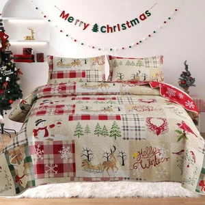  Weihnachten Quilt Set/Full Size, Weihnachten 3 Teile Schneemann Bettwäsche Königin Schnee Hirsch - Bild 1 von 2