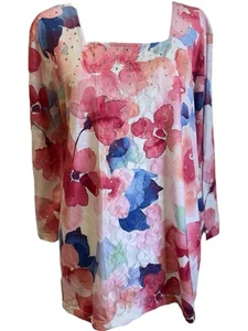 Alfred Dunner Floral Square Neck Top Pink Red Blue Embellished Womens L - Picture 1 of 9