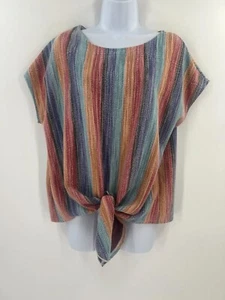 W5 Women Size L Short Sleeve Multicolor Stripe Textured Knit Tie Front Blouse - Picture 1 of 8