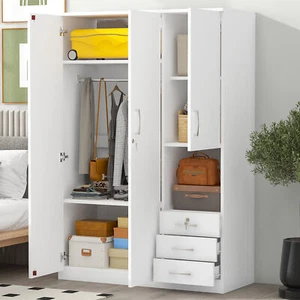 3 Doors Wooden Wardrobe Armoire Closet Storage Cabinet, 3 Drawers, Open Shelf - Picture 1 of 13