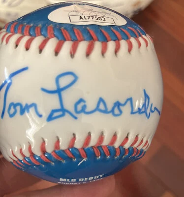 TOM LASORDA DODGERS AUTOGRAPHED Stat Fotobal Jsa Sticker Coa Baseball - Image 1 of 4