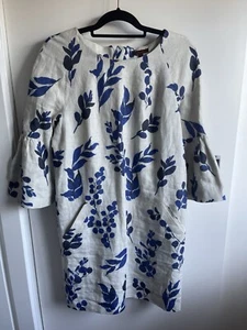 Navy & Sand Lined Linen Dress. Three Quarter Flared Sleeve Detail. Size Medium - Picture 1 of 4