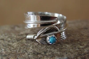 Navajo Indian Handmade Sterling Silver Turquoise Feather Ring, Adjustable! - Picture 1 of 4