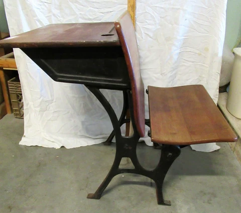 Vintage Child's School Desk With Inkwell Wood & Seat Fold Cover