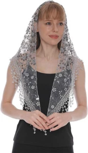 Italian Mantilla Church Veil Gray Black Triangle Lace Scarf 55" Grigio Nero New - Picture 1 of 5