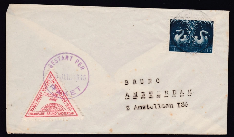 NETHERLANDS 1945 Rocket Mail Dr. A.J. de Bruijn Cover EZ 34C1 $ 20 - Image 1 of 1