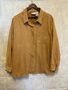 White Stag Womens Top 22W/24W Brown Faux Suede Button Long Sleeve - Picture 1 of 9