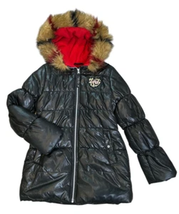Cappotto imbottito nero Jessica Simpson bambina cappuccio pelliccia sintetica e fascia taglia: S 7-8 - Foto 1 di 6