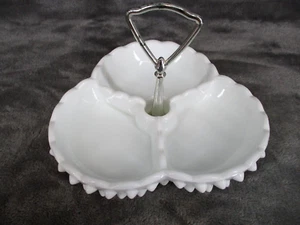 Fenton Hobnail 3 Section Divided Relish Tidbit Tray Chrome Handle Milk Glass VTG - Picture 1 of 12