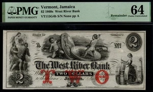 186x 2 $ The WEST RIVER BANK, JAMAICA, VT PMG CHOICE UNC 64 Broken Banknote! - Bild 1 von 2
