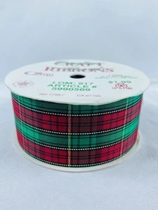 Offray 1 -7/16" Holiday Ribbon 9' Christmas Plaid Green Red Black Gold USA Vtg. - Picture 1 of 9