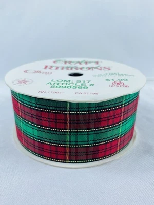 Offray 1 -7/16" Holiday Ribbon 9' Christmas Plaid Green Red Black Gold USA Vtg. - Image 1 of 4