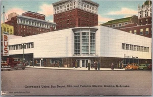 Vintage OMAHA, Nebraska Postkarte "Greyhound Union Bus Depot" LEINEN / 1950 gestempelt - Bild 1 von 2