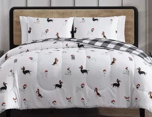 Hallmart Holiday Full Queen Dachshund Poodle Dogs Plaid Reversible Comforter Set - Picture 1 of 8