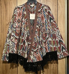 NUEVO CON ETIQUETAS RYU L Southwestern Tapiz Borla Flecos Frente Abierto Chaqueta Multicolor - Imagen 1 de 6