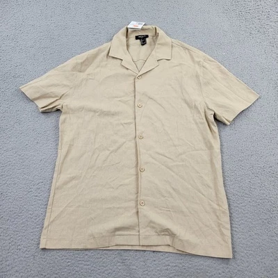 Forever 21 亚麻衬衫男式小号米色纽扣短袖 — 第 1/4 张图片