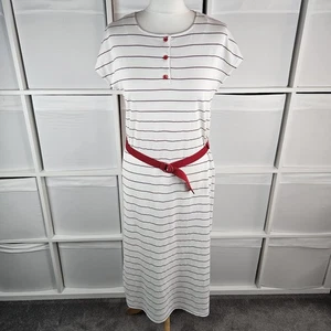 St Michael M&S White Striped T-Shirt Dress Size 12 Red Belt Jersey Button Midi - Picture 1 of 15