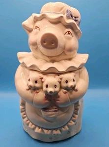 Biscottiera vintage in ceramica mamma maiale e 3 maialini 10" - Foto 1 di 11