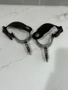 SCHÖNES ALTES VINTAGE PAAR CROCKETT WESTERN COWBOY SPOREN EDELSTAHL Intarsien - Bild 1 von 8
