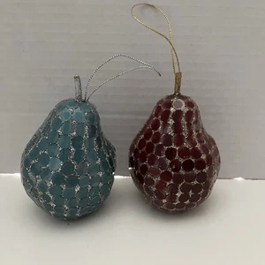 Vintage 60er MCM Pailletten Glitzer Kunst Obst Dekor 2er Set Birnen ~ Ornament - Bild 1 von 3