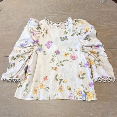 Top Laura Ashley Mujer Pequeño Cottagecore Blanco Floral Lino Encaje Manga Abullonada Foto 1 de 4