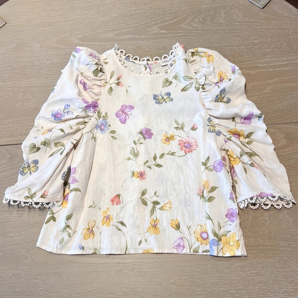Top Laura Ashley Mujer Pequeño Cottagecore Blanco Floral Lino Encaje Manga Abullonada Foto 1 de 4
