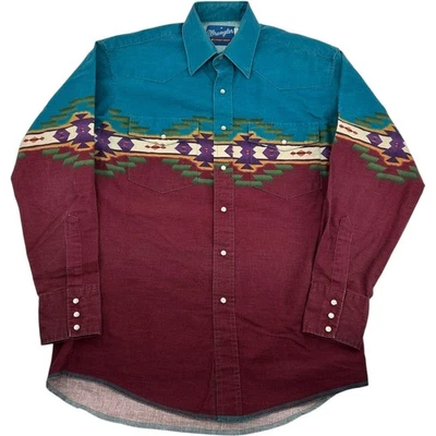Vtg 80s 90s Mens Wrangler Aztec Western Cowboy Button Up Pearl Snap Shirt Sz M - Image 1 of 4