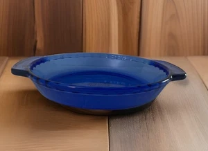 "Plato de pastel profundo Anchor Hocking 9"" azul cobalto plato de vidrio manijas de lengüeta de vieira de colección" - Imagen 1 de 14